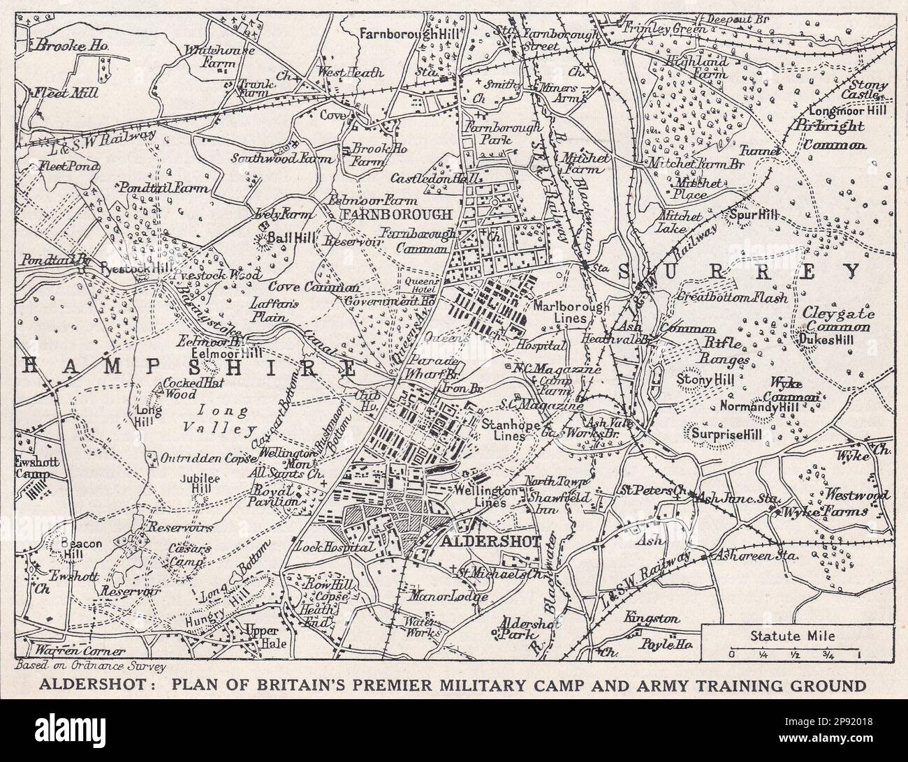 Vintage map of Aldershot showing military camp and army training ground