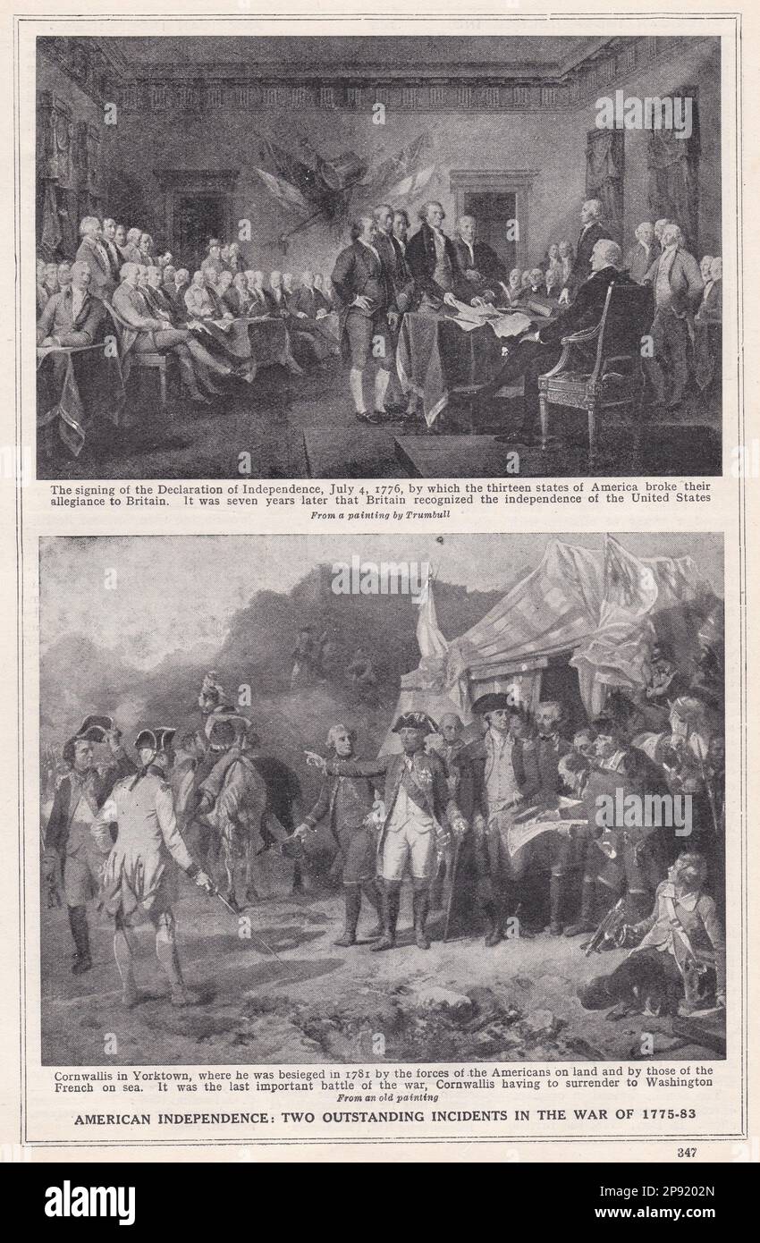 American Independence - The Signing of the Declaration of Independence 1776, and Cornwallis in Yorktown 1781. Stock Photo