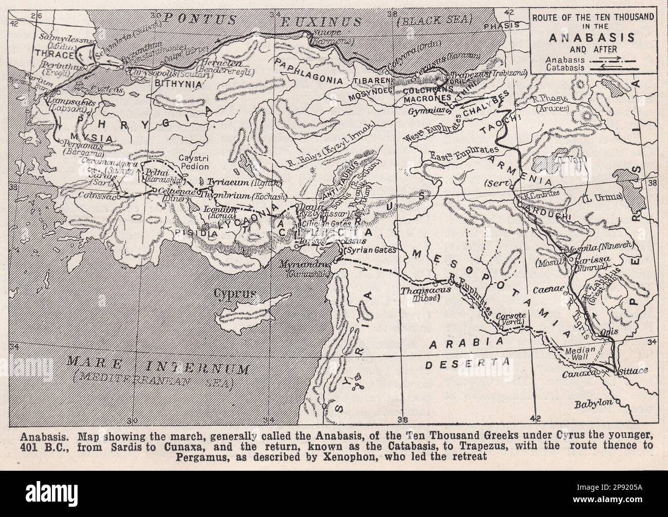 Vintage map showing the march of the Anabasis, of the Ten Thousand Greeks under Cyrus the younger, 401 B.C. from Sardis to Cunaxa and Catabasis. Stock Photo