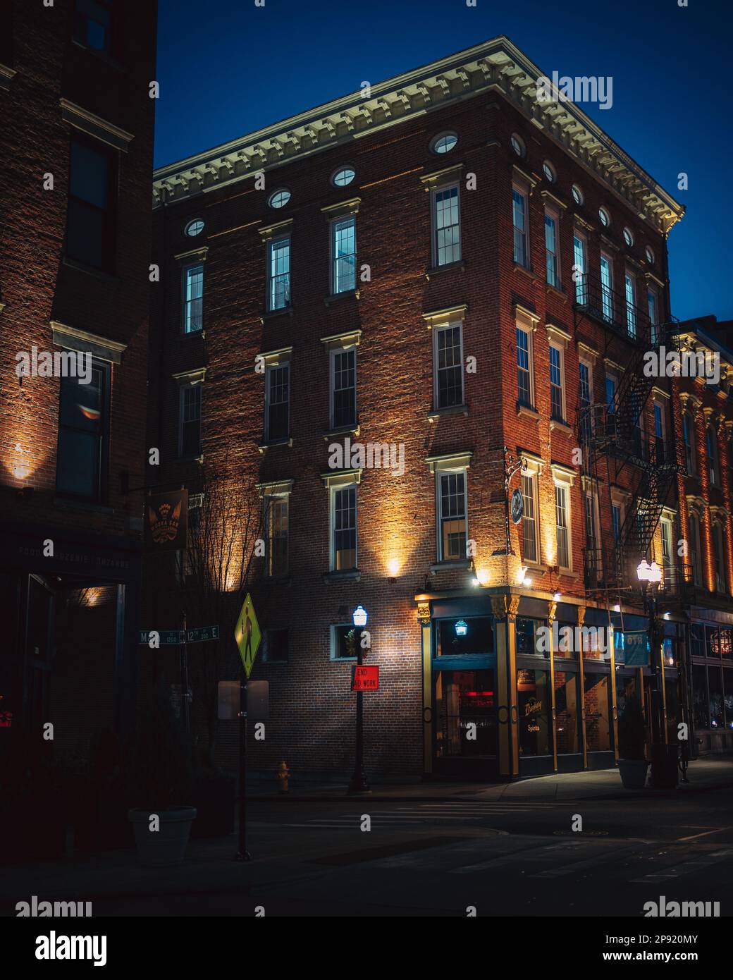Brick buildings at night, OverTheRhine, Cincinnati, Ohio Stock Photo