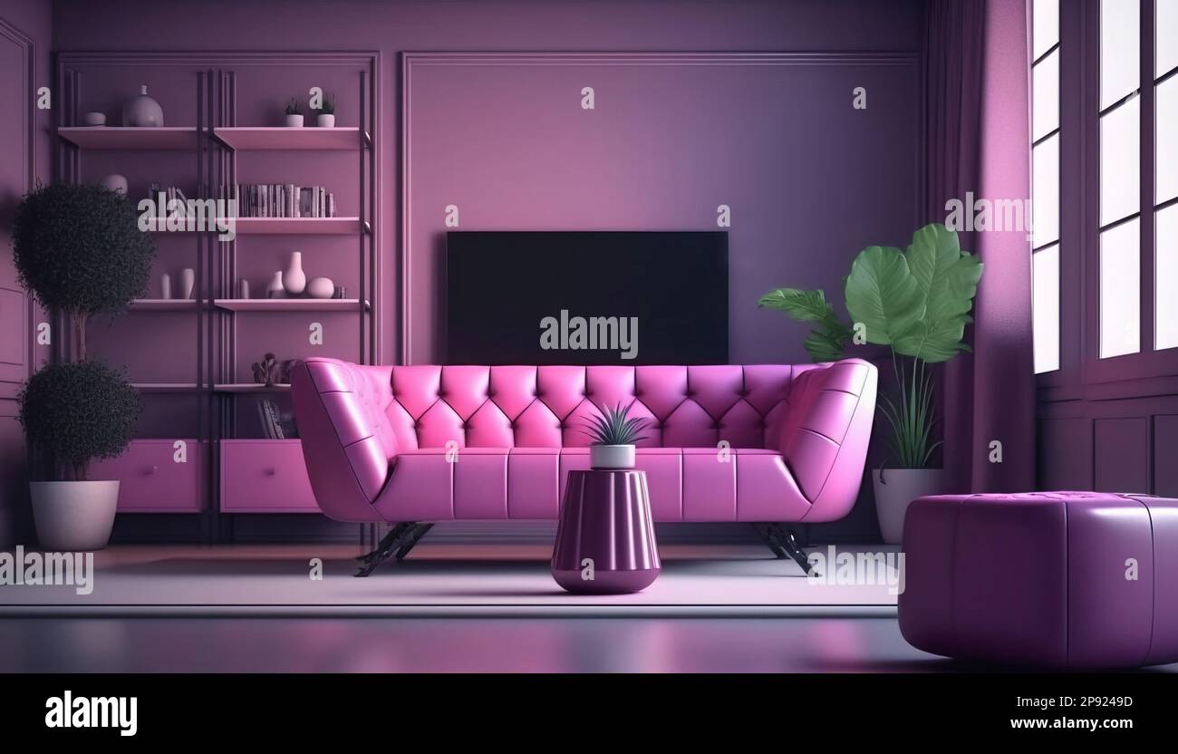 Minimalist purple living room white couch hi-res stock photography and ...