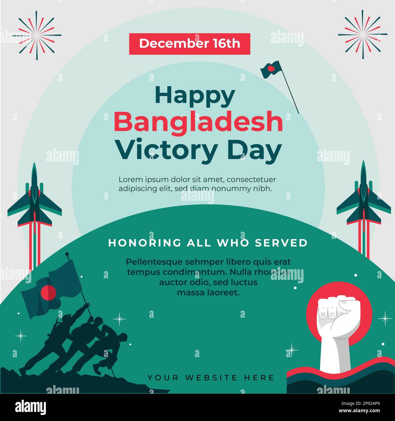 Bangladesh victory day background with national monument and waving flag on a pole. Stock Vector