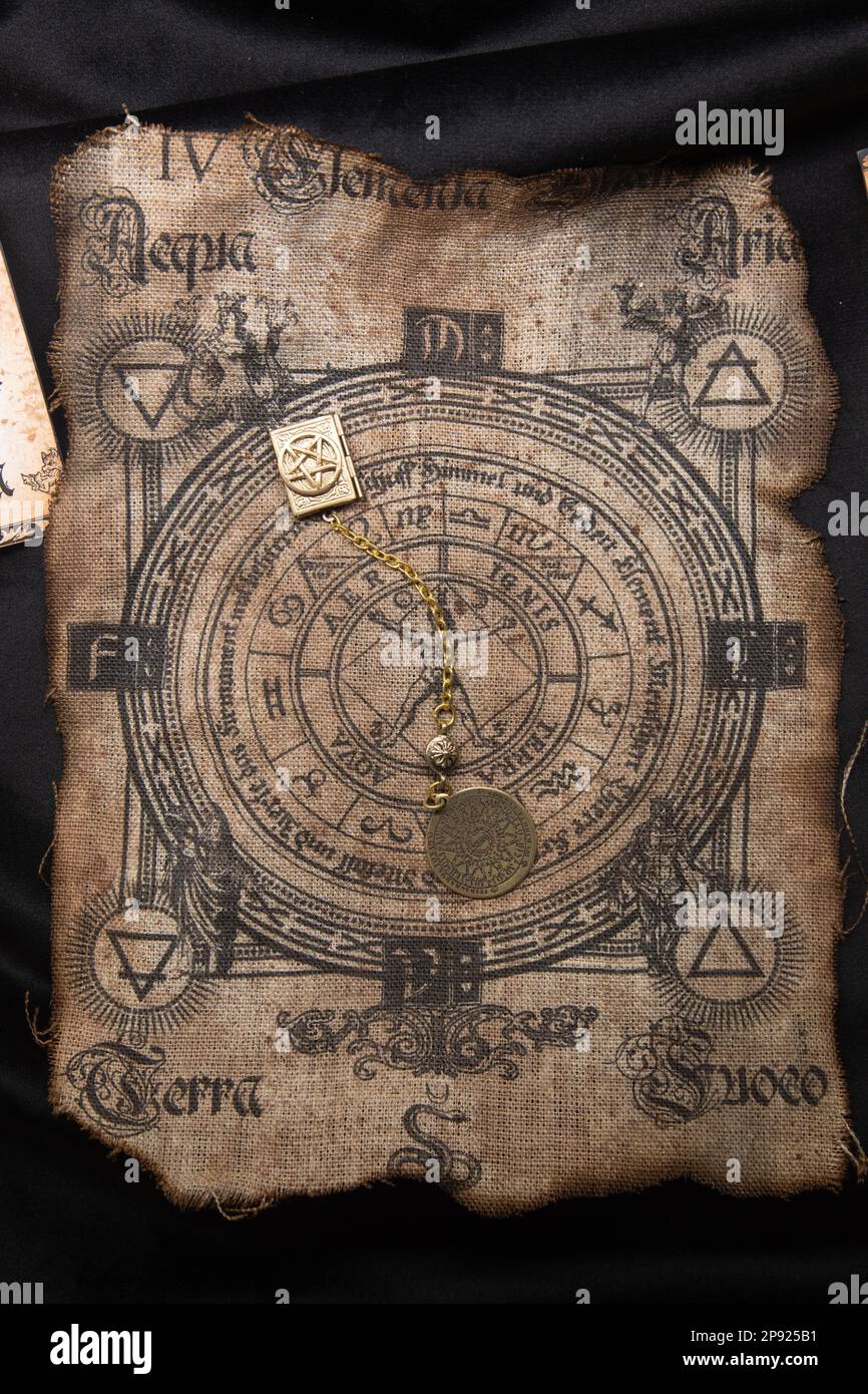 Ancient esoteric witchcraft background. Occultims and paganism old symbol, with mysterious runes and alphabet Stock Photo