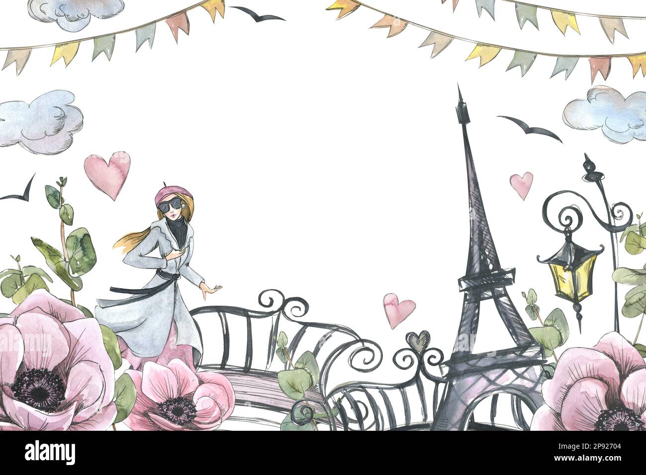 Eiffel Tower with girl, lantern, bridge and flowers. Watercolor illustration in sketch style with graphic elements. Template from the PARIS collection Stock Photo