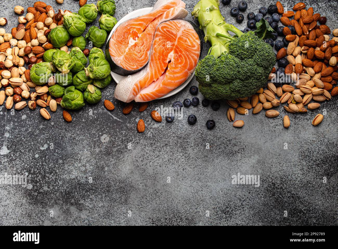 Assorted food for brain health and good memory fresh salmon