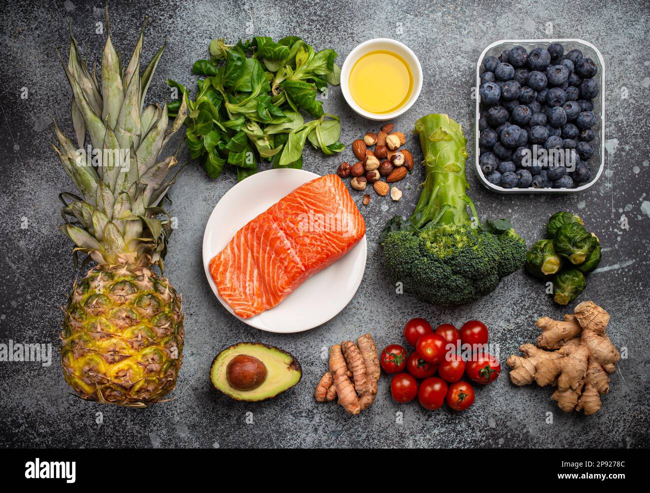 Anti inflammatory diet concept. Set of foods that help to reduce inflammation plant based