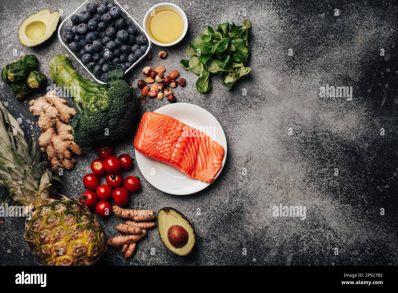 Anti inflammatory diet concept. Set of foods that help to reduce inflammation plant based