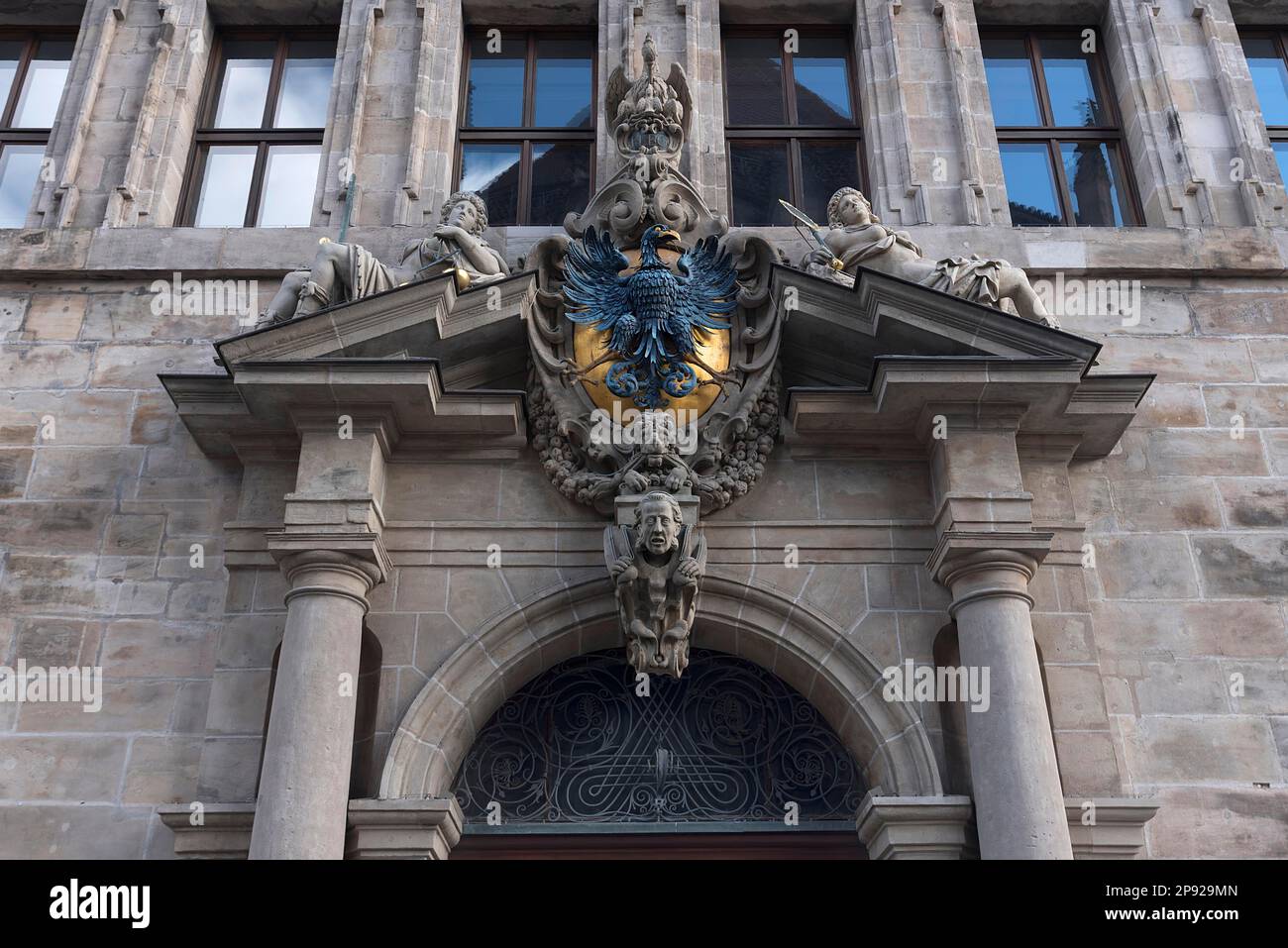 Middle entrance portal of the historic Wolf Town Hall, Renaissance building, built 1616 to 1622