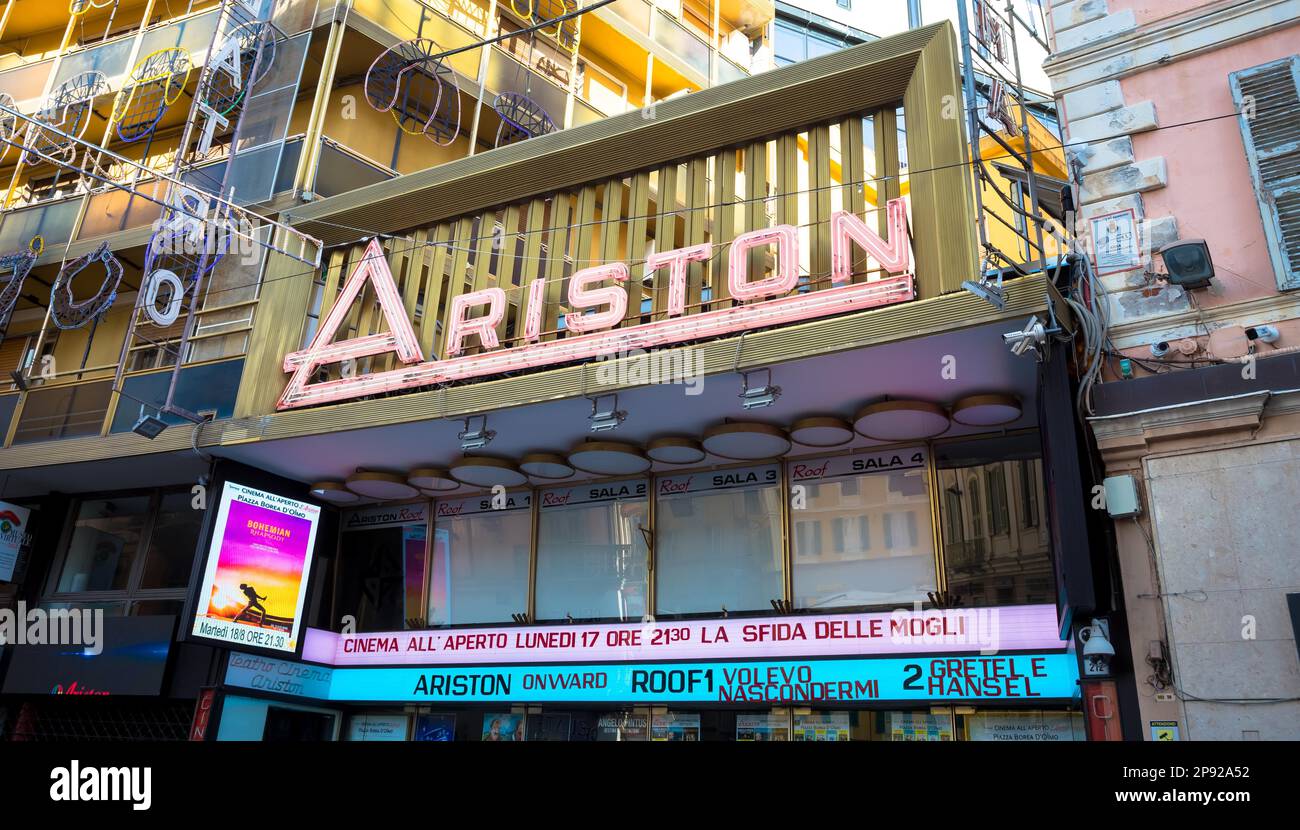 SANREMO, ITALY - CIRCA AUGUST 2020: view of the Sanremo Ariston theatre with detail of the name. This is the famous song festival location Stock Photo