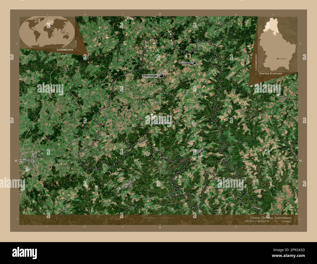 Canton Clervaux, canton of Luxembourg. Low resolution satellite map. Locations and names of major cities of the region. Corner auxiliary location maps Stock Photo