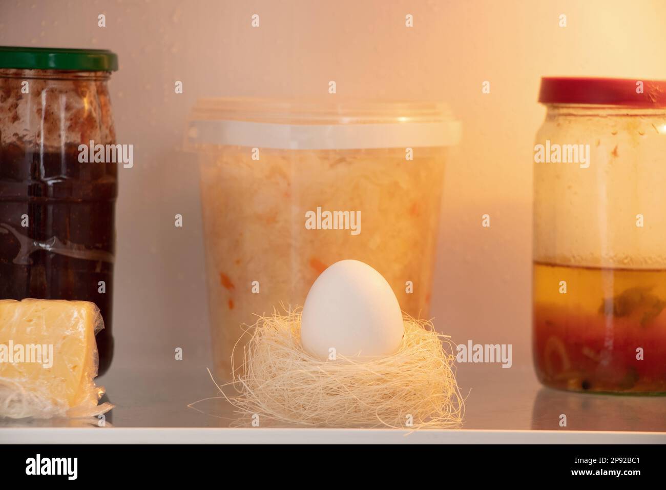 One white chicken egg in a straw nest lies on a shelf in the refrigerator in revenge with food, Easter holiday and culture Stock Photo