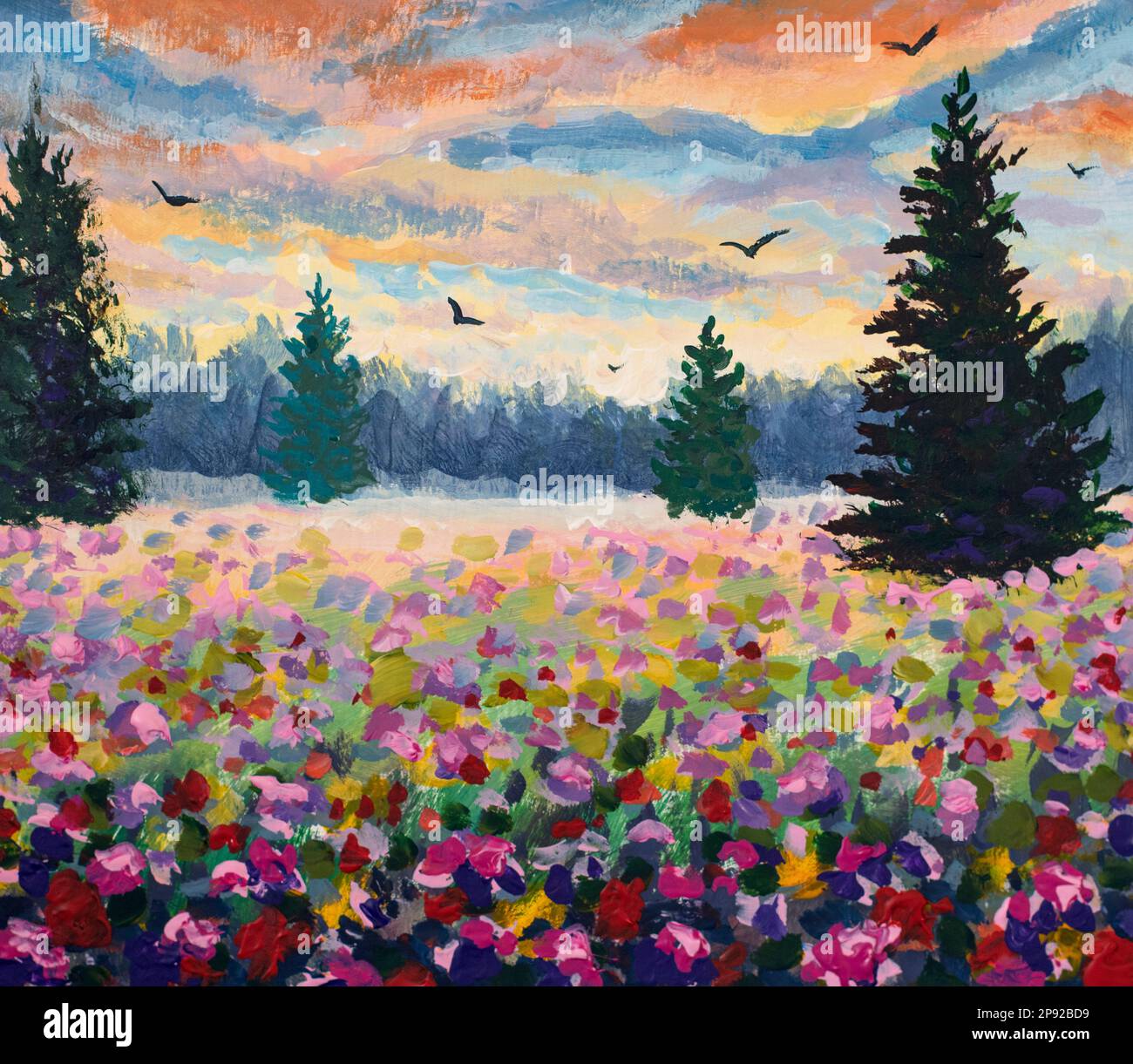 Original flower painting landscape glade of purple flowers in the forest illustration wildflower