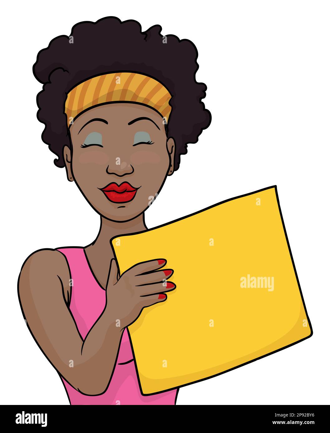 Fit Dark Skinned Girl With Afro Hairstyle And Bandana Holding A Yellow Sign Template In