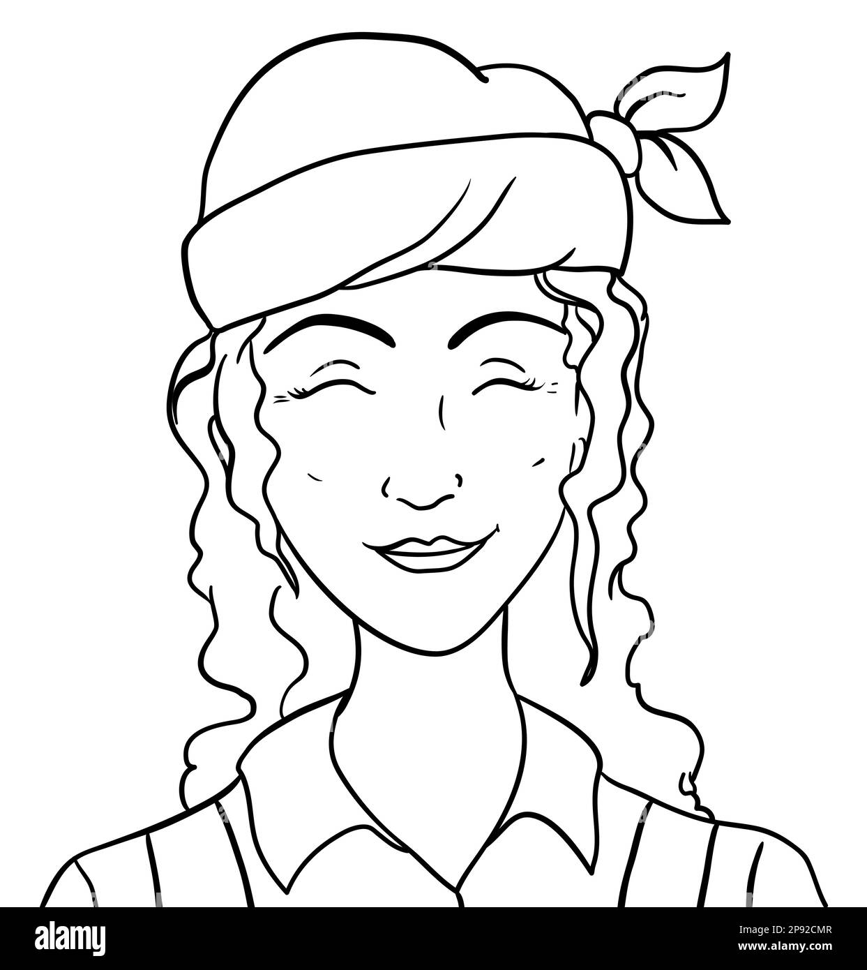 Portrait of pretty woman of curly hair, wearing a bandana and overalls