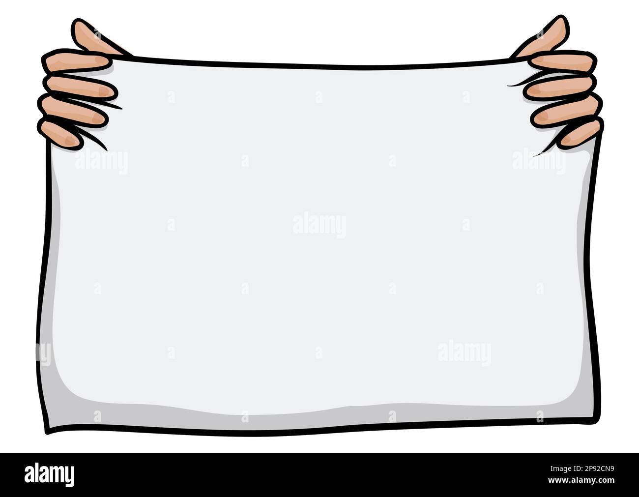 Template on blank sheet held by two hands. Design in cartoon style over white background. Stock Vector