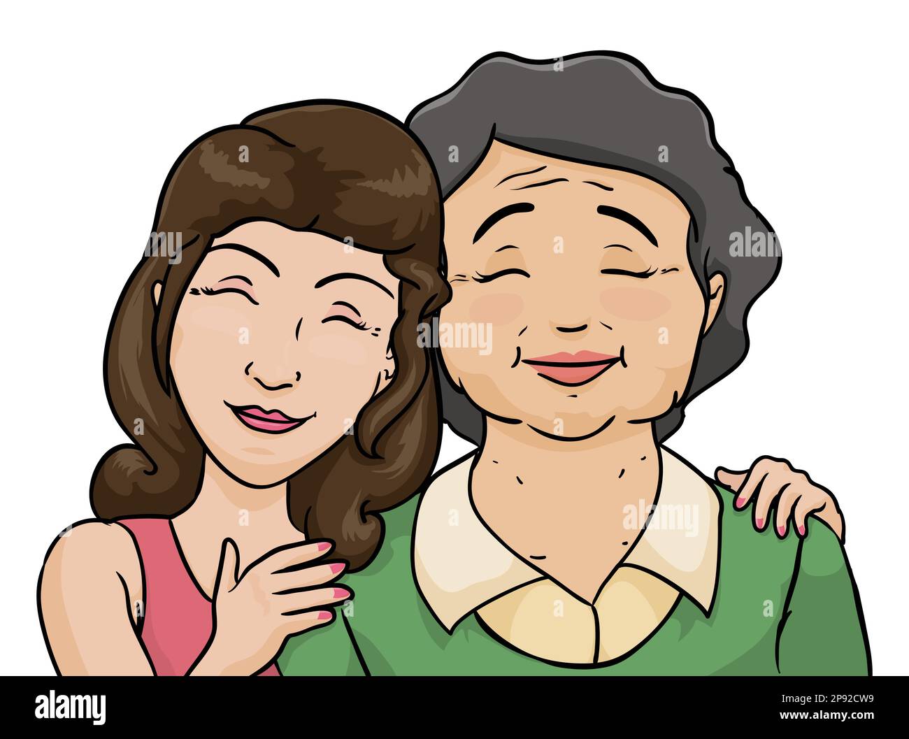 Cute scene with happy woman hugging older woman. Portrait of daughter and mother in cartoon style. Stock Vector