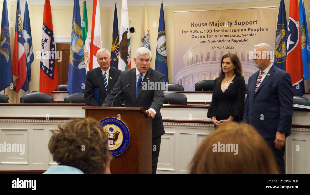 Rep. Pete Sessions (center) spoke about that any group that kills its own people is a threat to the world and that the internal struggle within Iran is important. Several bipartisan members of the U.S. House of Representatives presented Resolution H.Res.100 in a conference. Sponsored by a bipartisan majority of 225 members, the resolution calls for a new approach to Iran policy in light of ongoing protests and repression by the regime. H.Res.100 also supports Mrs. Maryam Rajavi's ten-point plan for the future of Iran. Stock Photo