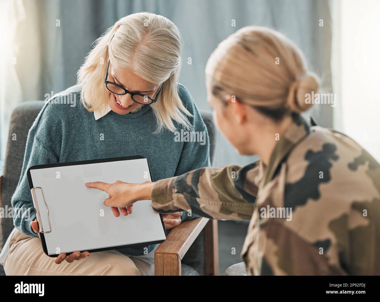 Psychologist, military soldier or Rorschach test on clipboard documents for war trauma, ptsd or
