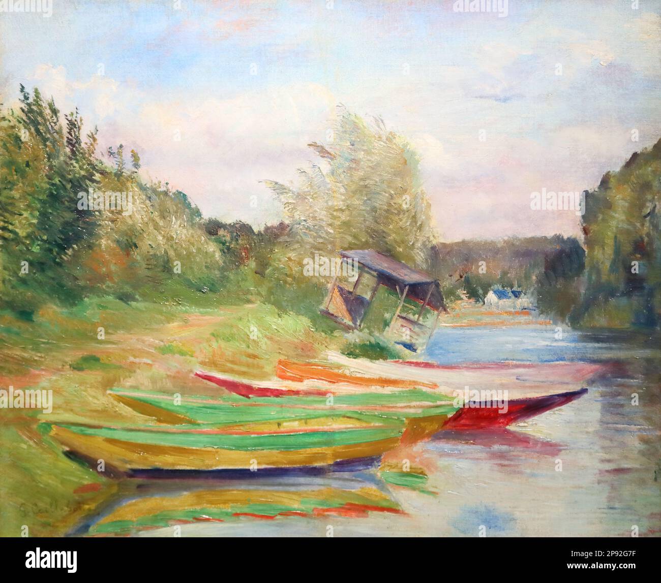 Boote und Schuppen am Ufer der Seine (Boats and Shed at the Banks of the Seine) by French Impressionist painter Gustave Caillebotte at the Wallraf-Richartz Museum, Cologne, Germany Stock Photo