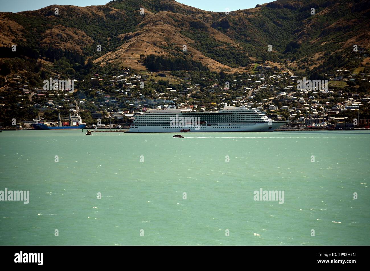 The cruise liner 'Viking Mars' moored in Lyttelton Harbour, a port on the Banks Peninsula on New Zealands south island. Stock Photo