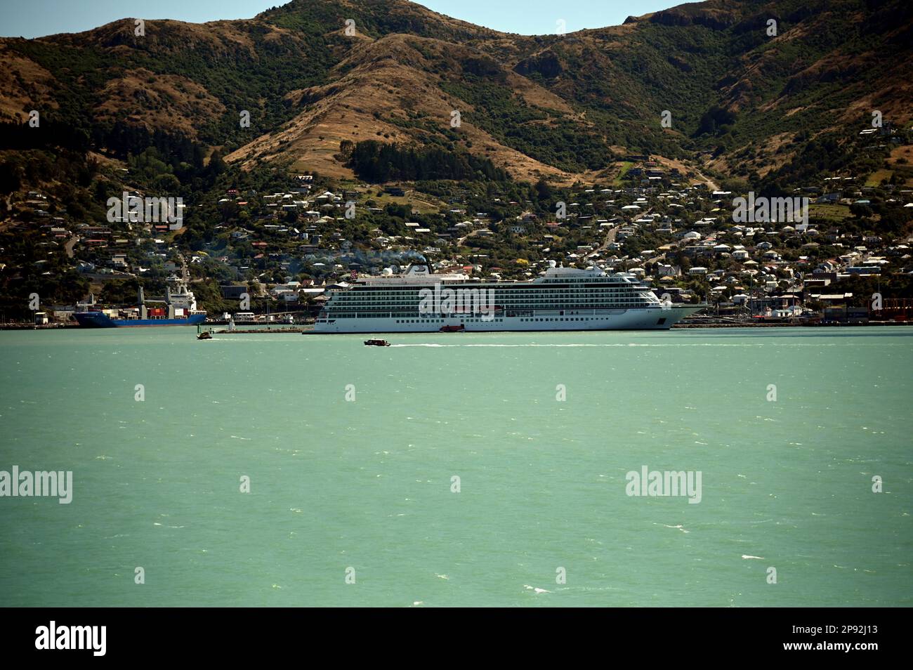 The cruise liner 'Viking Mars' moored in Lyttelton Harbour, a port on the Banks Peninsula on New Zealands south island. Stock Photo