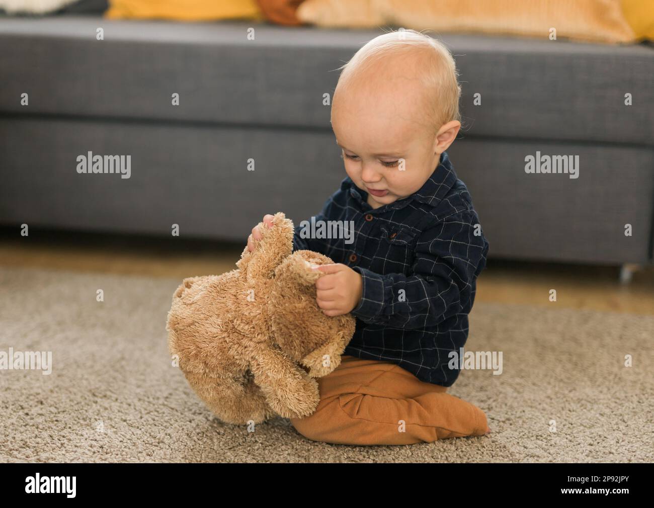 Teddy Playing Child playing with teddy bear. Little boy hugging his favorite toy at ...
