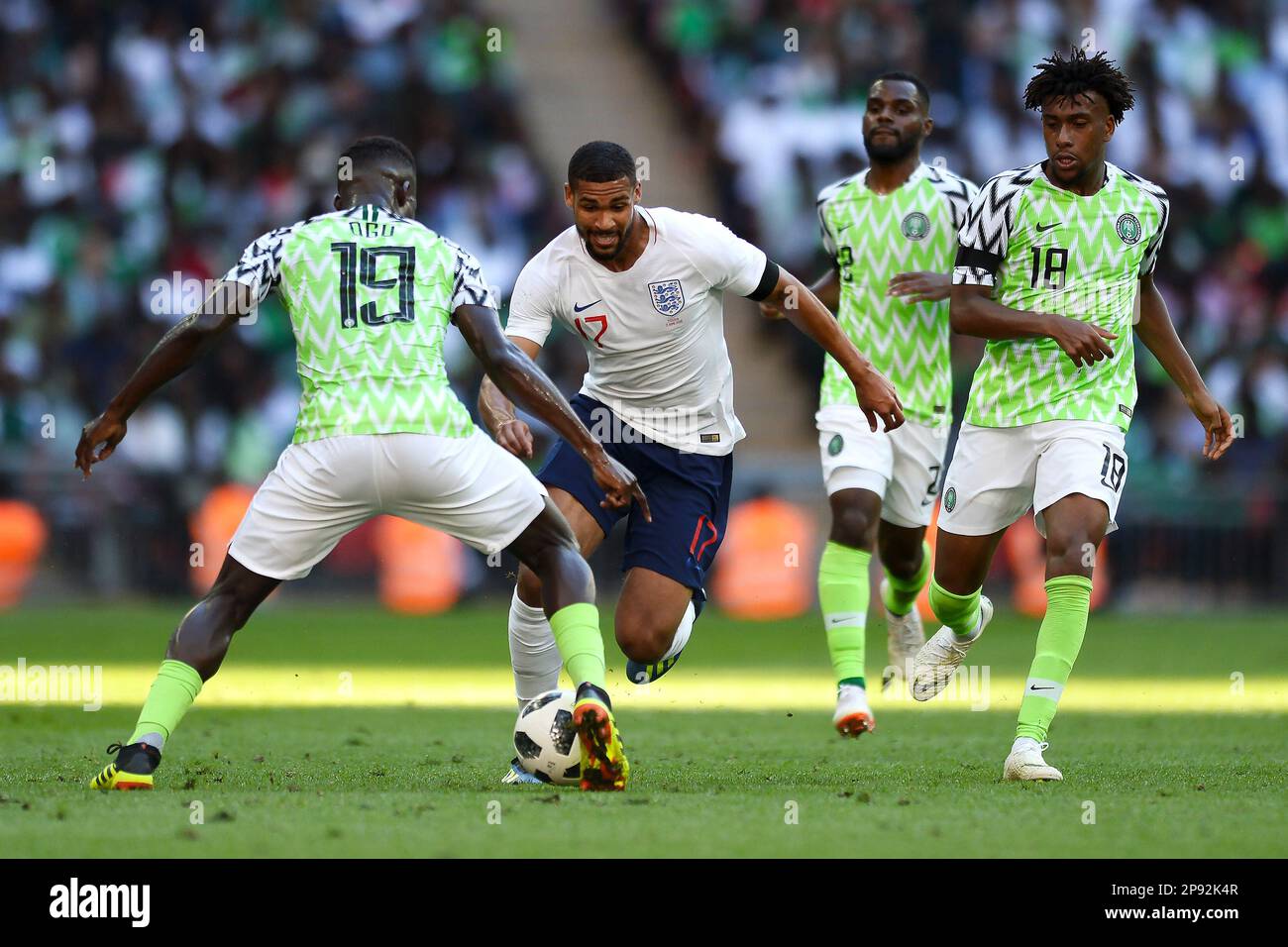 Ruben Loftus-Cheek of England looks to get past John Ogu of Nigeria - England v Nigeria, International Friendly, Wembley Stadium, London - 2nd June 2018. Stock Photo
