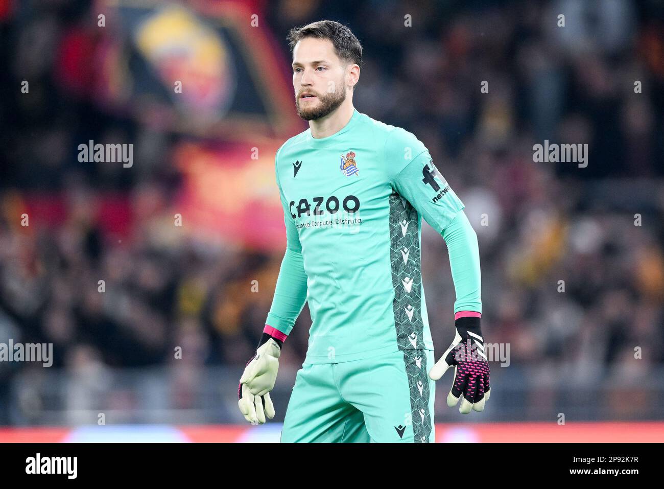 Rome, Italy. 24th Feb, 2023. Alejandro Remiro of Real Sociedad looks on during the UEFA Europa League round of 16 leg one match between Roma and Real Sociedad at Stadio Olimpico, Rome, Italy on 9 March 2023. Credit: Giuseppe Maffia/Alamy Live News Stock Photo
