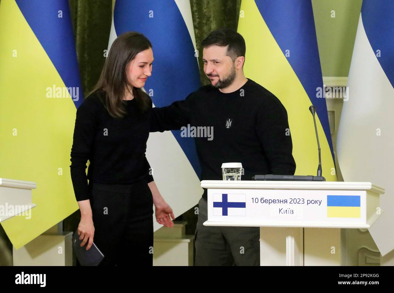 Non Exclusive: KYIV, UKRAINE - MARCH 10, 2023 - President of Ukraine Volodymyr Zelenskyy (R) and Prime Minister of the Republic of Finland Sanna Marin Stock Photo
