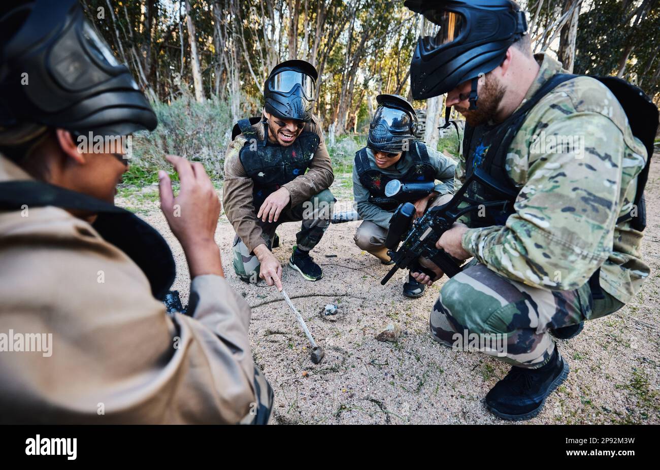 Paintball, team and military strategy with mission, teamwork and