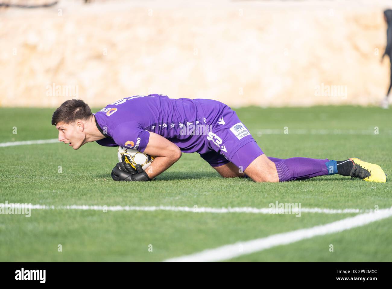 La Nucia, Spain – January 16, 2023. Viktoria Plzen goalkeeper Marian Tvrdon committing a save during club friendly Ferencvaros vs Viktoria Plzen (0-0) Stock Photo