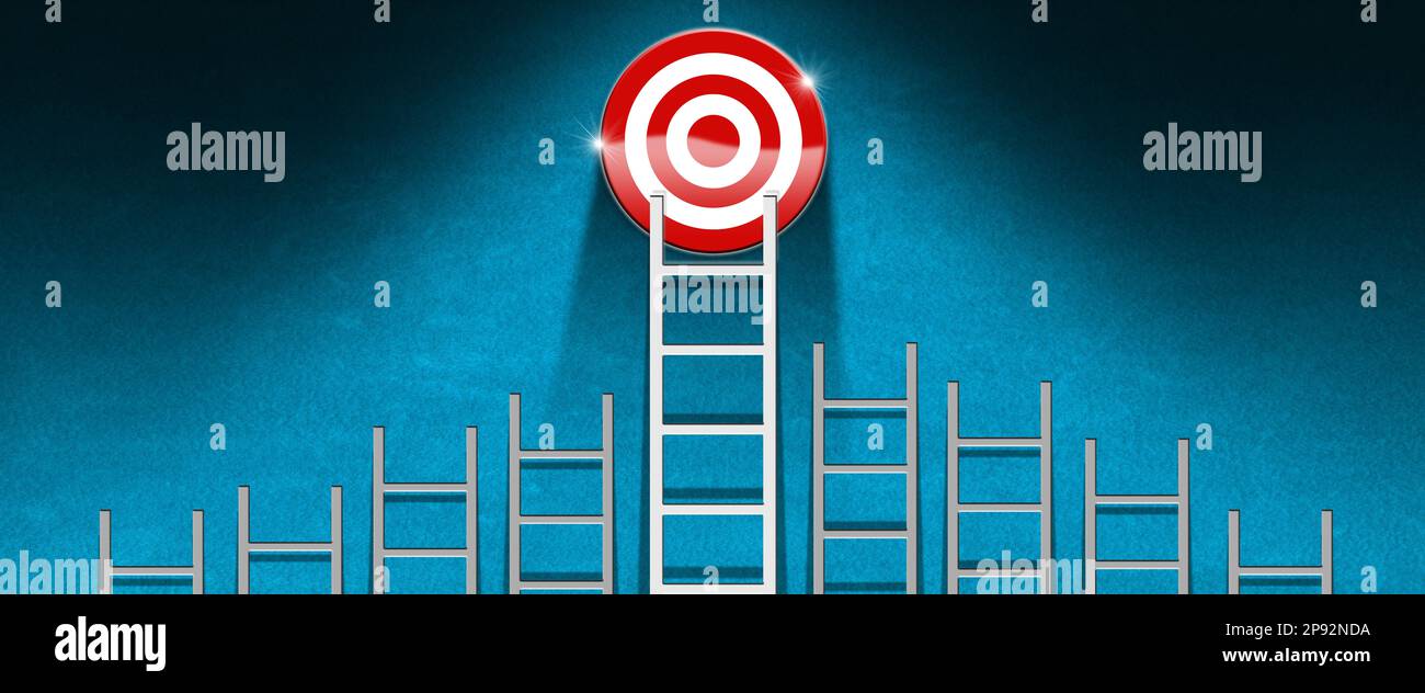 Group of step ladders, all gray and one white, on a blue wall with a target (bull's eye) and