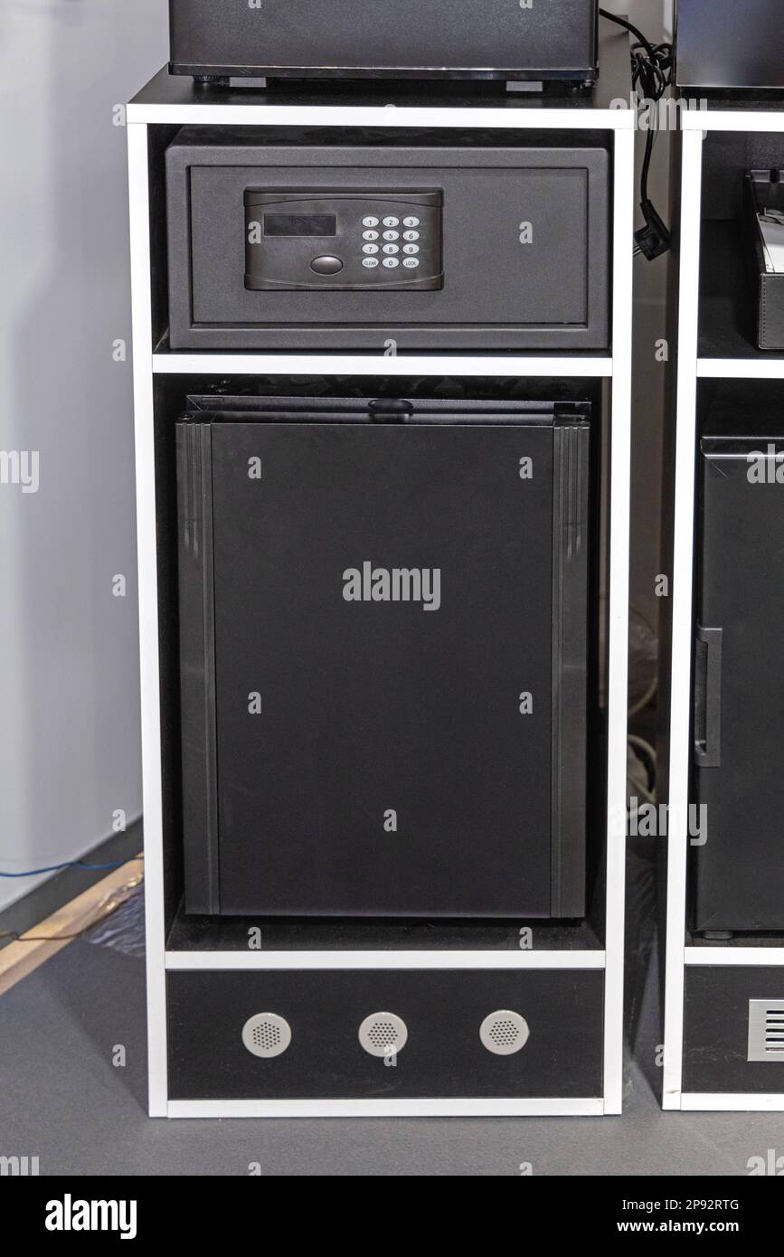 Mini Fridge and Electronic Safety Deposit Box in Hotel Room