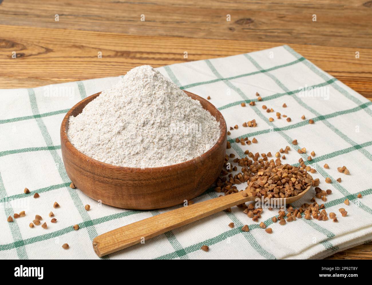 Buckwheat Flour Pile in Wood Bowl, Dry Buck Wheat Powder, Buckwheat