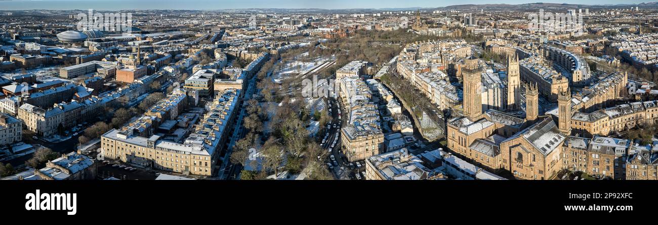 Panoramic aerial view of the west end of Glasgow from the OVO Hydro to Park Circus and the Trinity Towers. Stock Photo