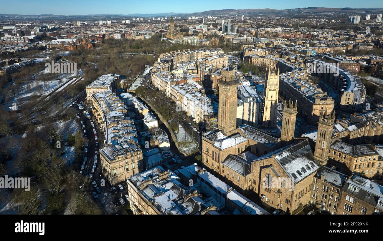 Aerial view of Park Circus, Trinity Tower, Kelvingrove Park and University of Glasgow looking north towards Dumgoyne. Stock Photo