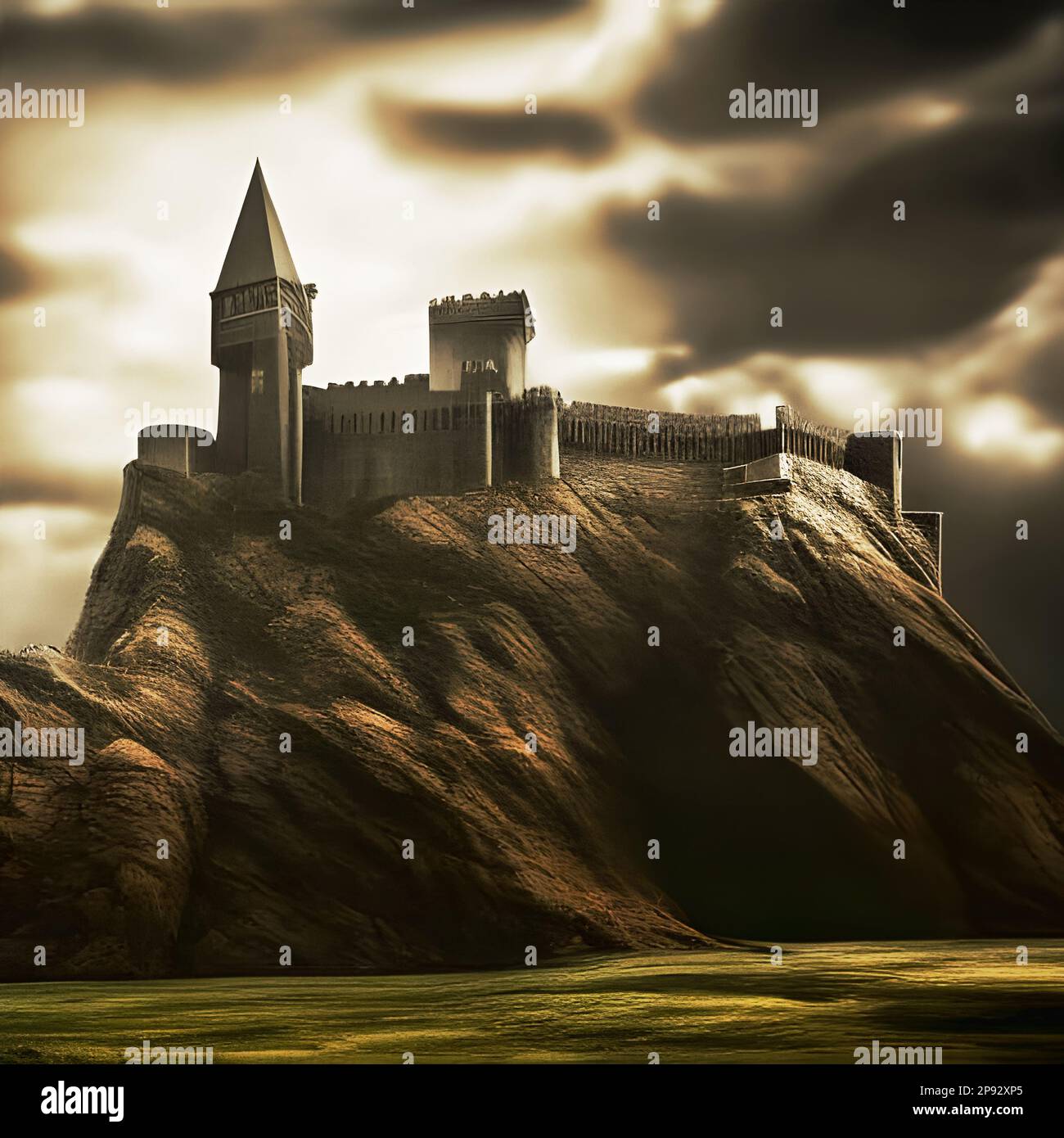 Middle-ages castle fornification on a mountain. Edited AI generated image Stock Photo