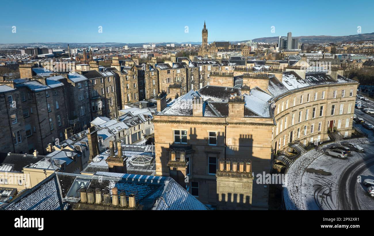 Aerial view of Park Circus, Trinity Tower, Kelvingrove Park and University of Glasgow looking north towards Dumgoyne. Stock Photo