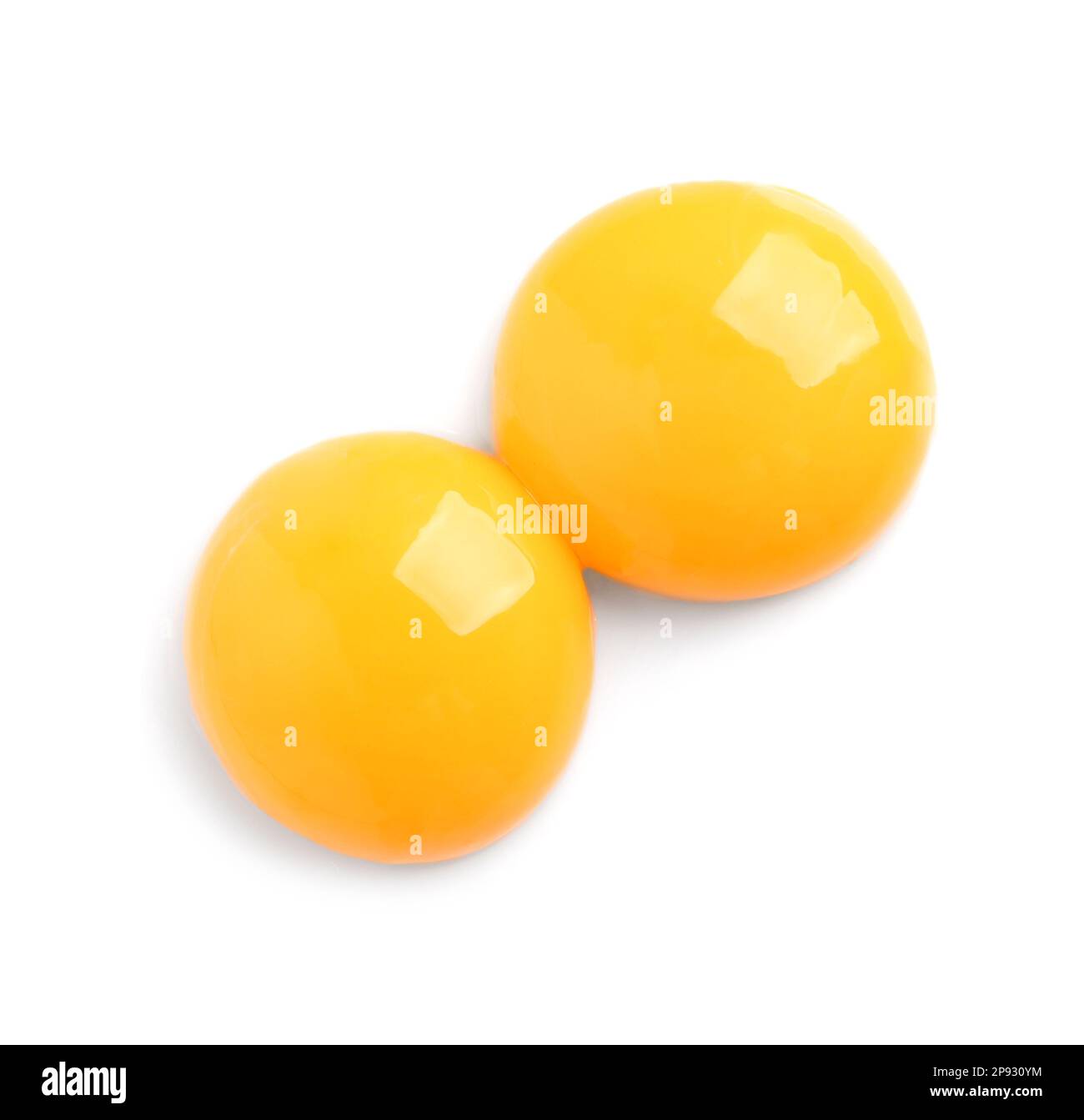 Raw egg yolks on white background, top view Stock Photo