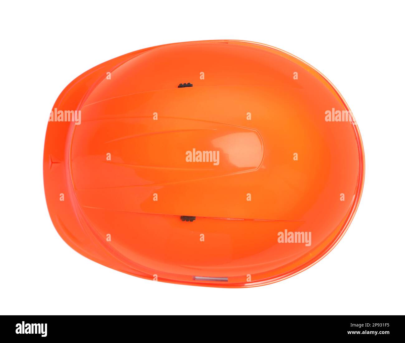 Orange hard hat isolated on white, top view. Safety equipment Stock