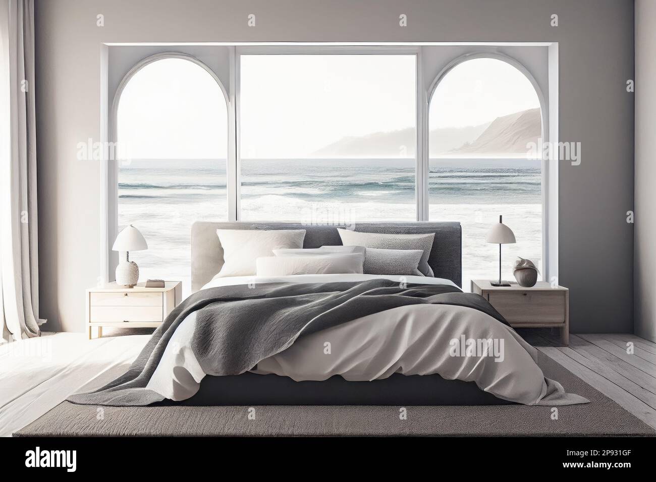 An interior setting of a bedroom looking onto the sea - generative ai Stock Photo