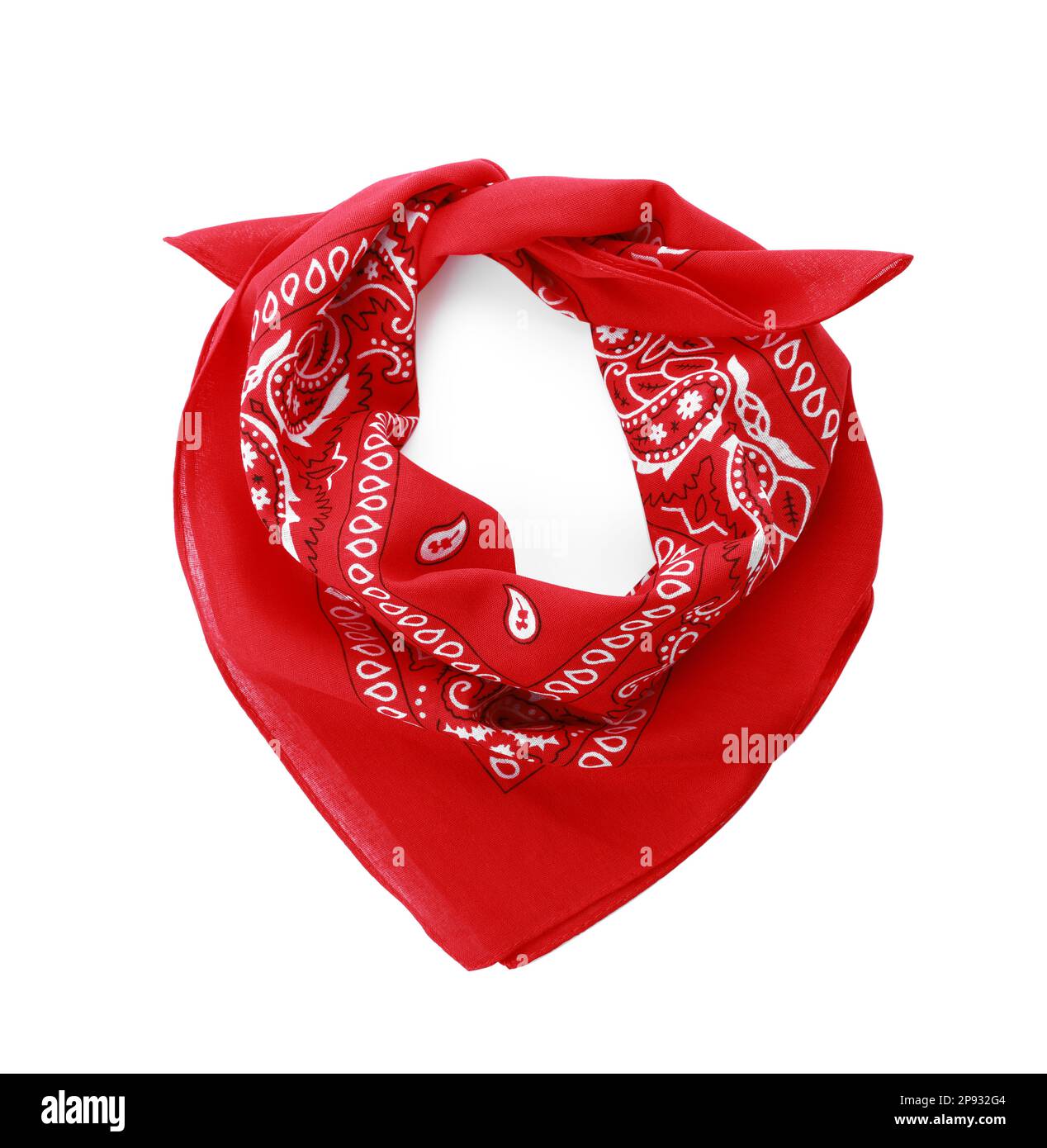 Tied red bandana with paisley pattern isolated on white, top view Stock ...