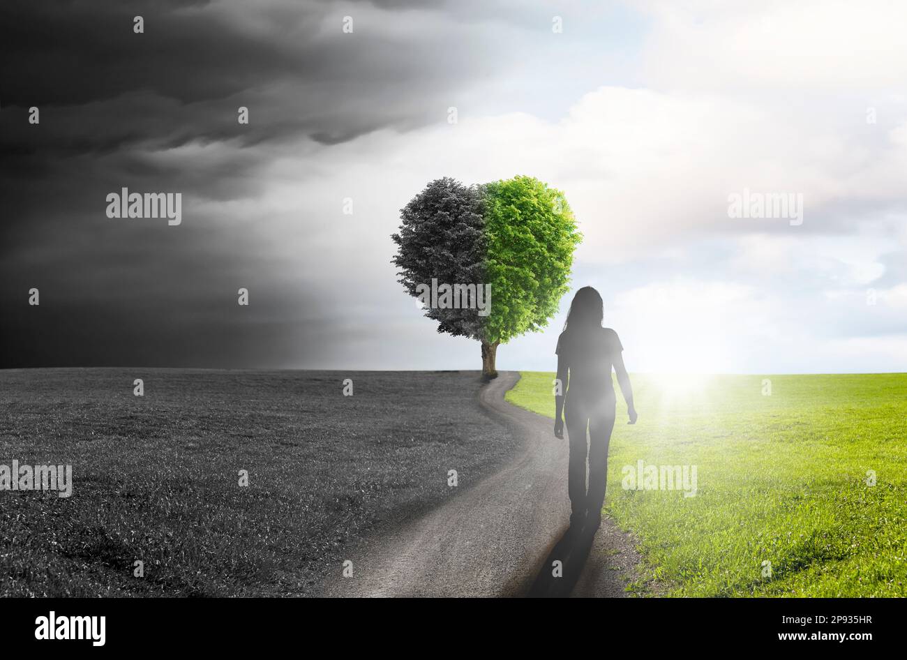 Silhouette of pilgrim on a road with tree in shape of heart in background Stock Photo