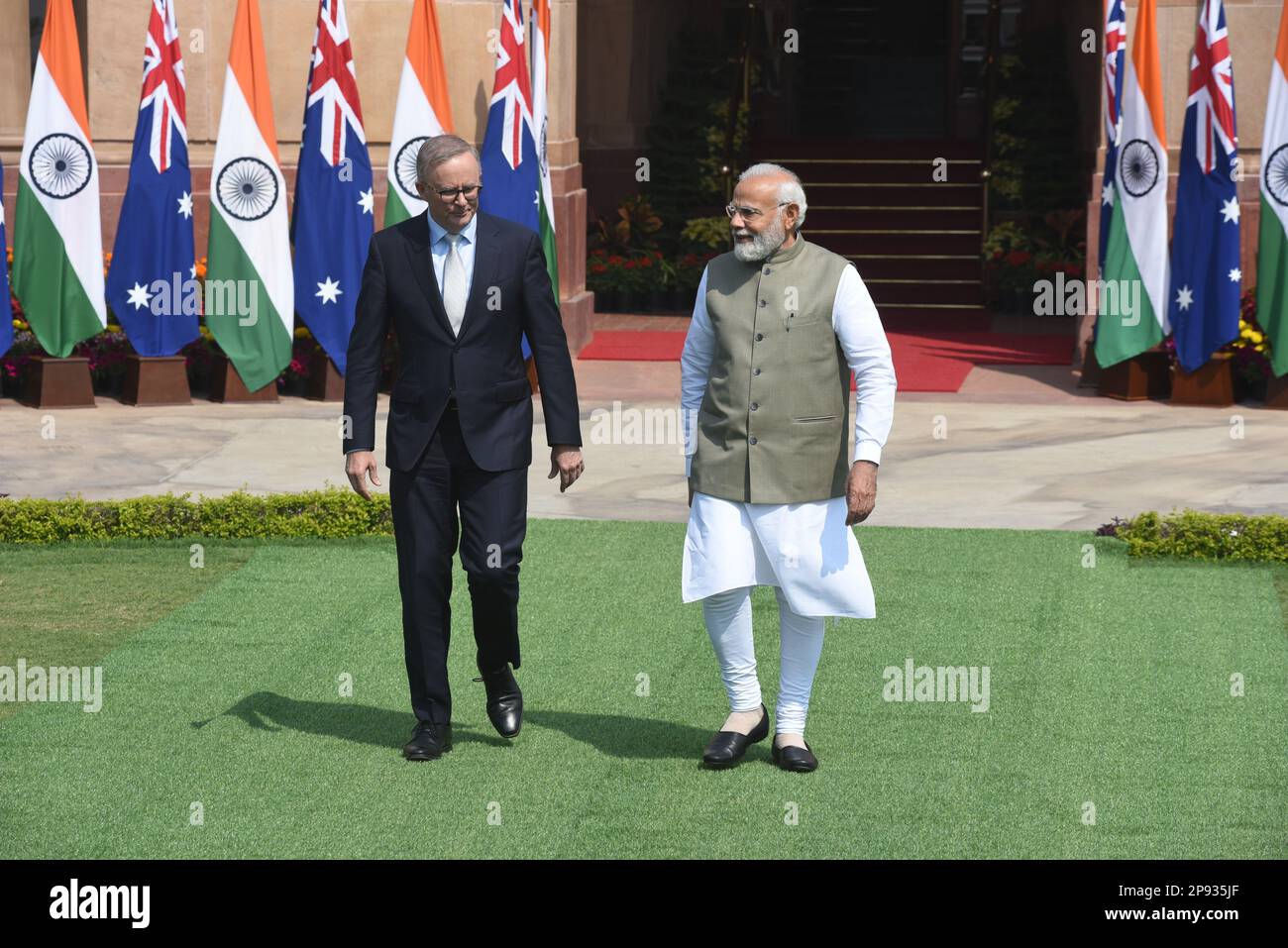 New Delhi, India. 10th Mar, 2023. Prime Minister Narendra Modi with his Australian counterpart Anthony Albanese who is on a four-day trip to India. Albanese announced an ''˜Australia-India education qualification recognition mechanism' while announcing that Deakin University is the ''˜first overseas university approved to establish its branch campus in India everâ (Credit Image: © Sondeep Shankar/Pacific Press via ZUMA Press Wire) EDITORIAL USAGE ONLY! Not for Commercial USAGE! Stock Photo
