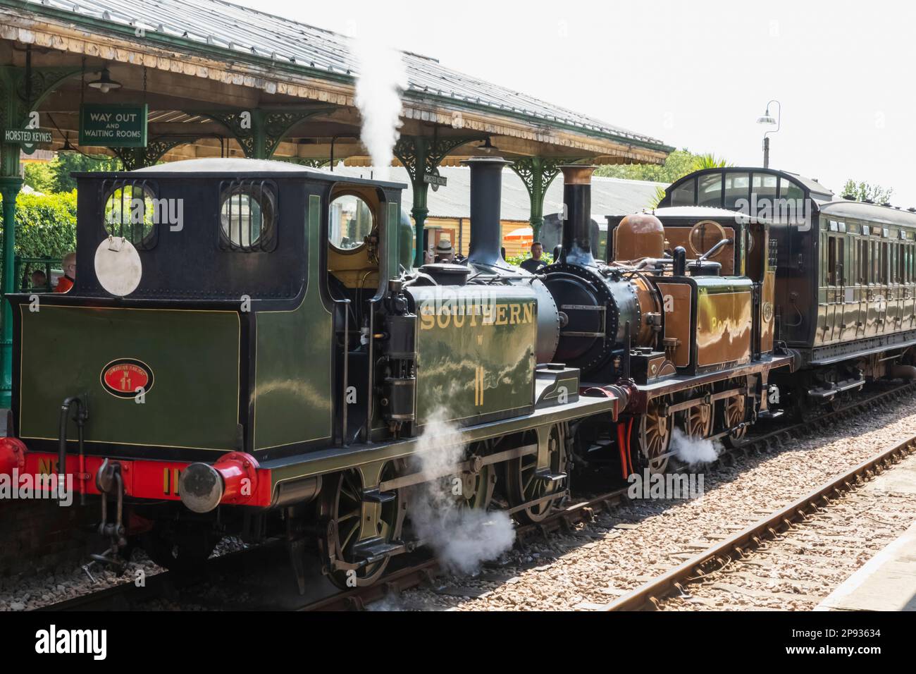 England, Sussex, Bluebell Railway, Horsted Keynes Station, Steam Trains Standing at Platform Stock Photo