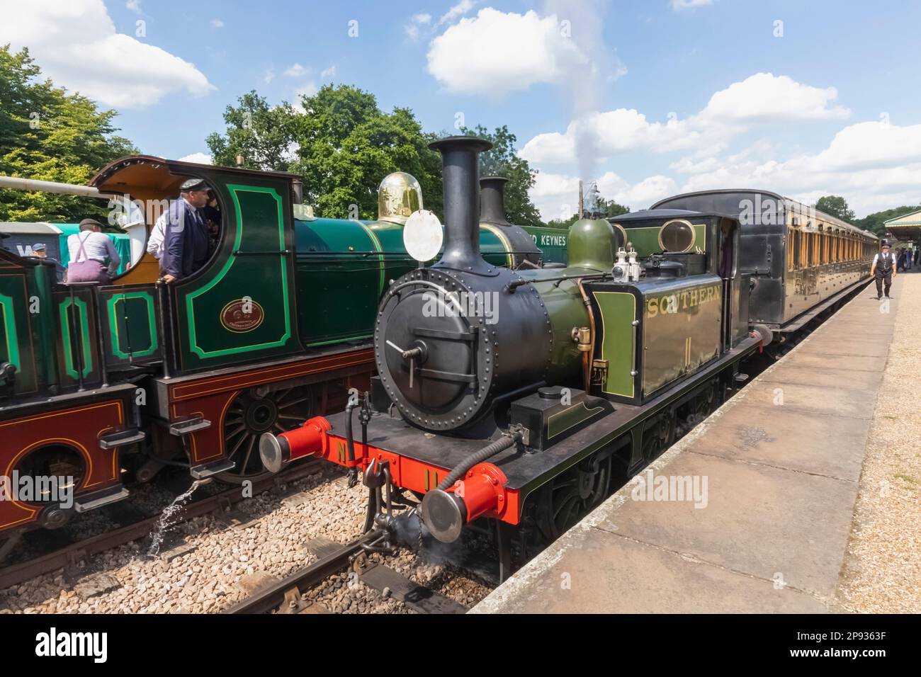 England, Sussex, Bluebell Railway, Horsted Keynes Station, Steam Trains Standing at Platform Stock Photo