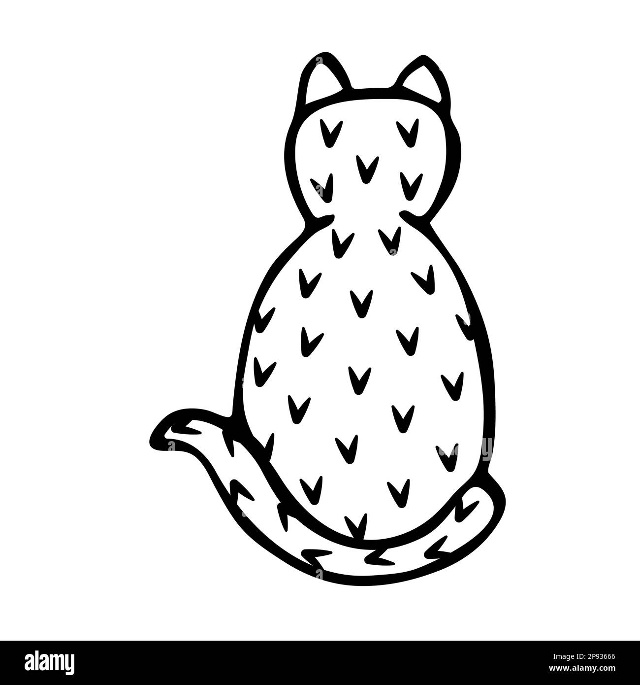 Cat sitting with its back to us, black and white doodle Stock Vector