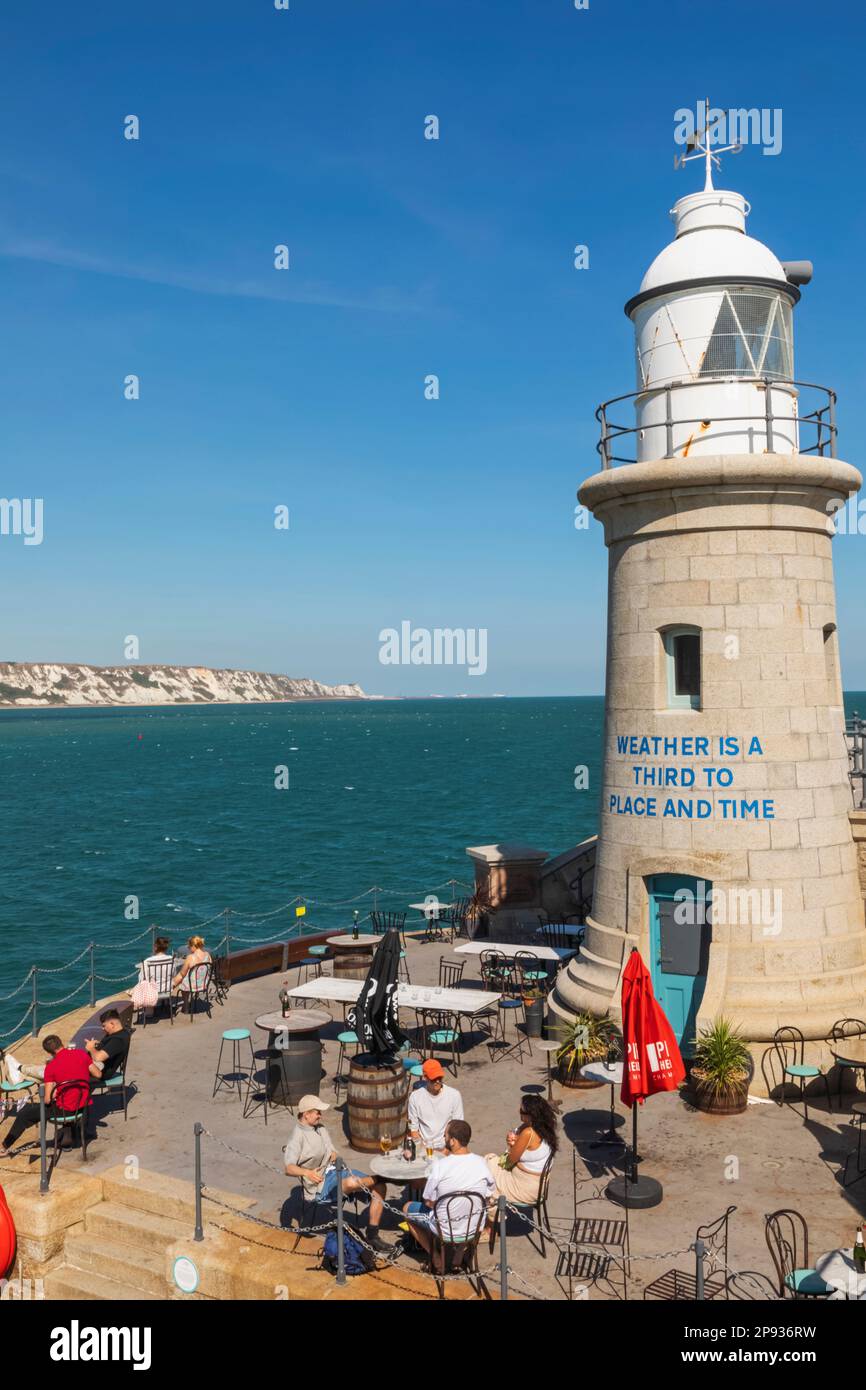 England, Kent, Folkestone, Folkestone Harbour, The Harbour Arm, The Lighthouse Champagne Bar Stock Photo