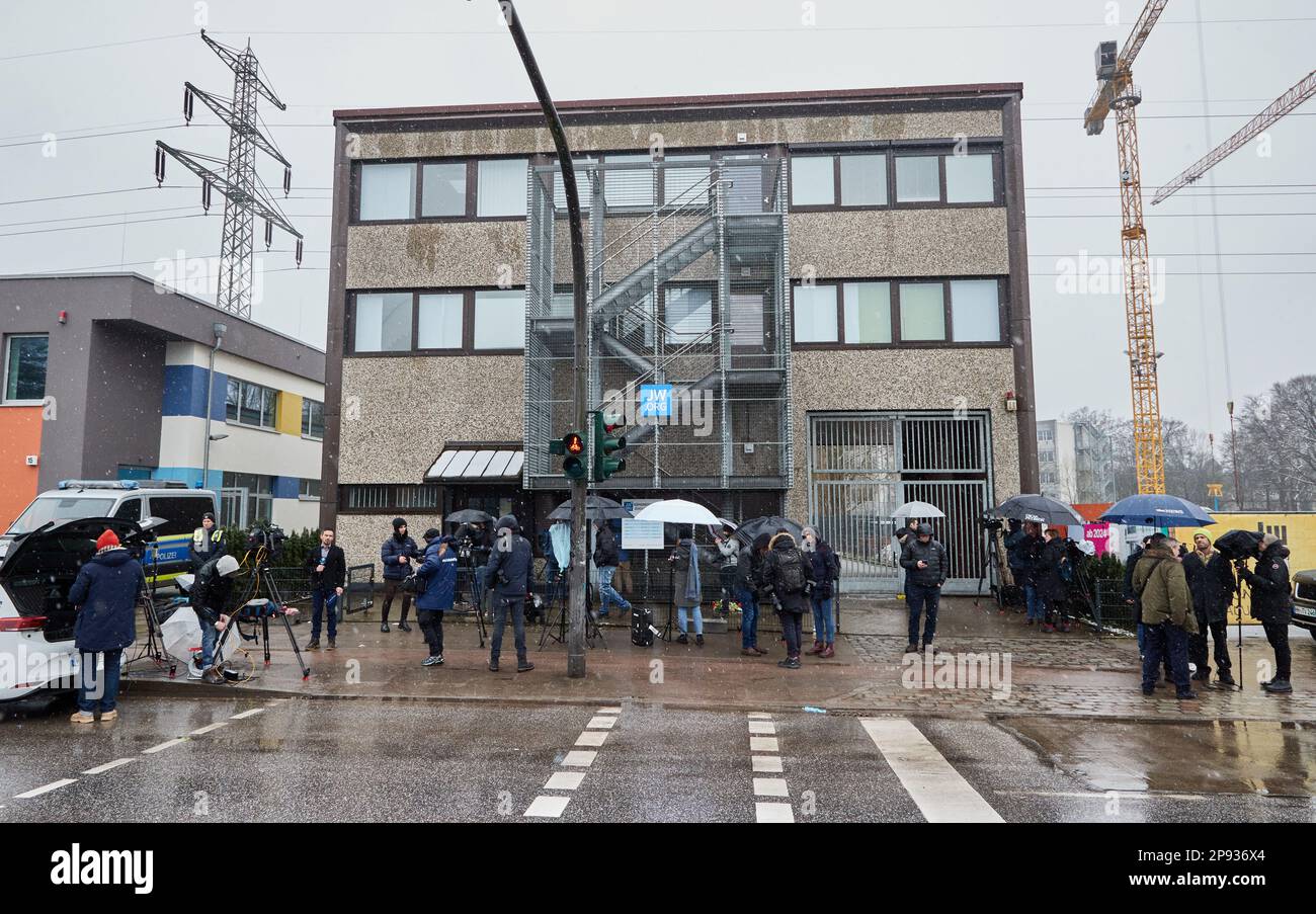 Hamburg, Germany. 10th Mar, 2023. Media representatives have gathered at the building of Jehovah's Witnesses at Deelböge in the Alsterdorf district. Several people were killed and some injured in a rampage during a Jehovah's Witness event on Thursday evening. Credit: Georg Wendt/dpa/Alamy Live News Stock Photo