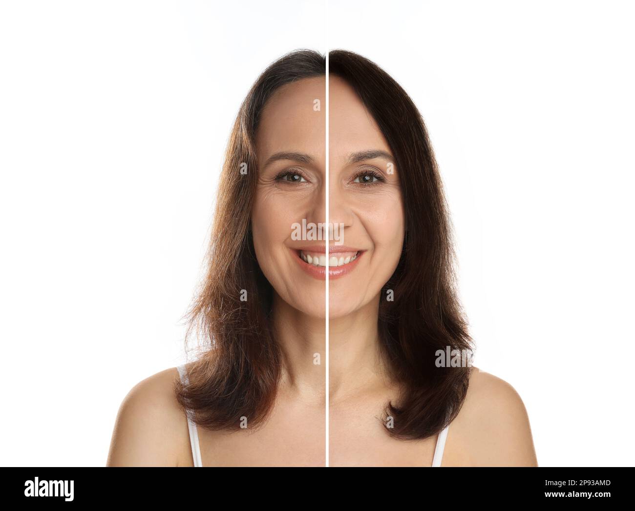 Beautiful mature woman before and after hair dyeing on white background, collage Stock Photo